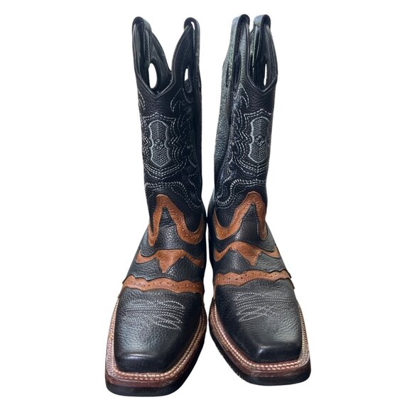 Wild West Leather Boots Square Toe Black Brown Cowboy Rodeo Mens Size 6.5 EE - Picture 2 of 9